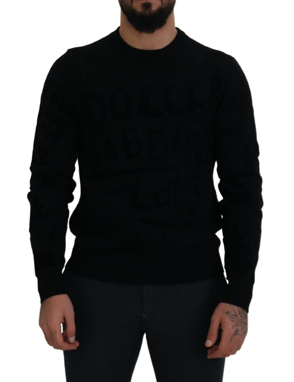 Dolce & Gabbana Black Wool Logo-Pattern Crewneck Sweater