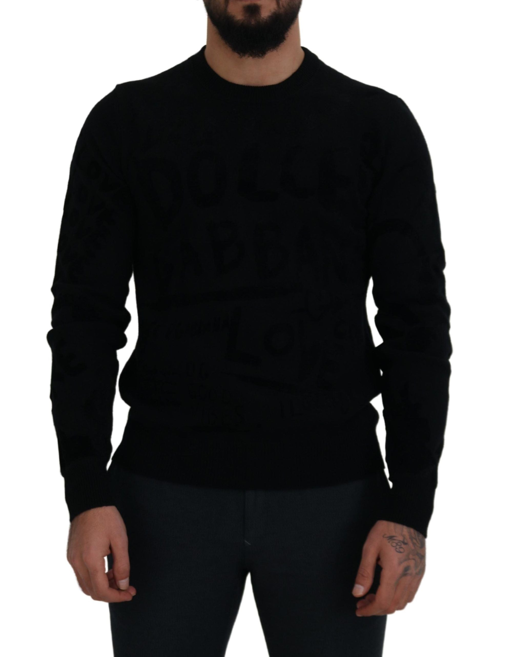 Dolce & Gabbana Black Wool Logo-Pattern Crewneck Sweater