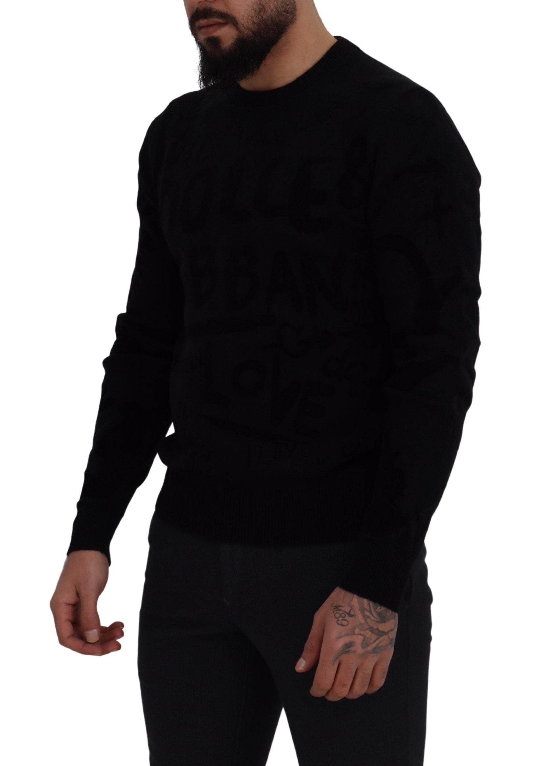Dolce & Gabbana Black Wool Logo-Pattern Crewneck Sweater