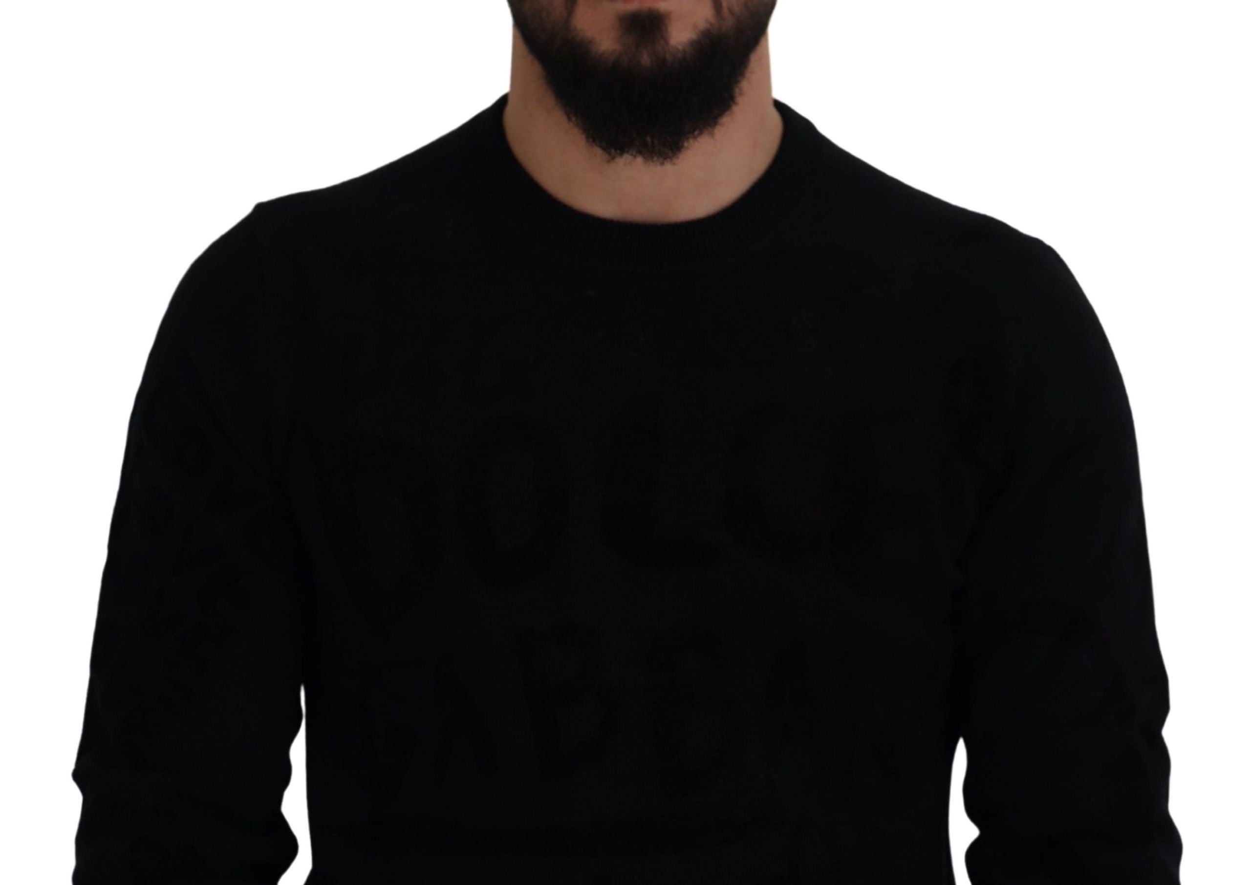 Dolce & Gabbana Black Wool Logo-Pattern Crewneck Sweater