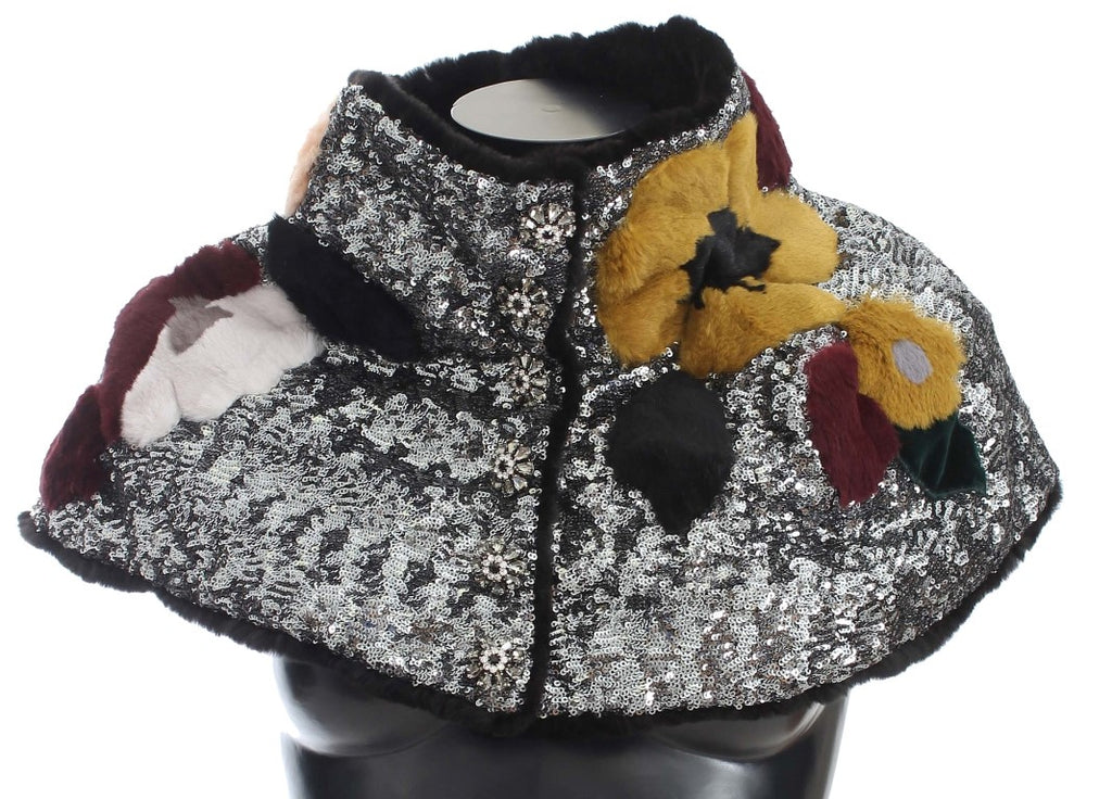 Dolce & Gabbana Silberner, paillettenbesetzter, floraler Wiesel-Pelz-Schultertuch-Wickelschal