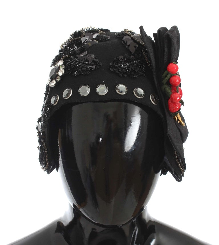 Dolce & Gabbana Black Crystal Gold Cherry Brooch Hat