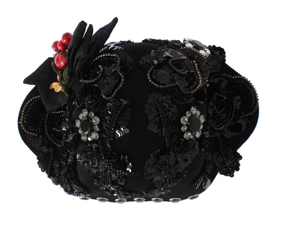 Dolce & Gabbana Black Crystal Gold Cherry Brooch Hat