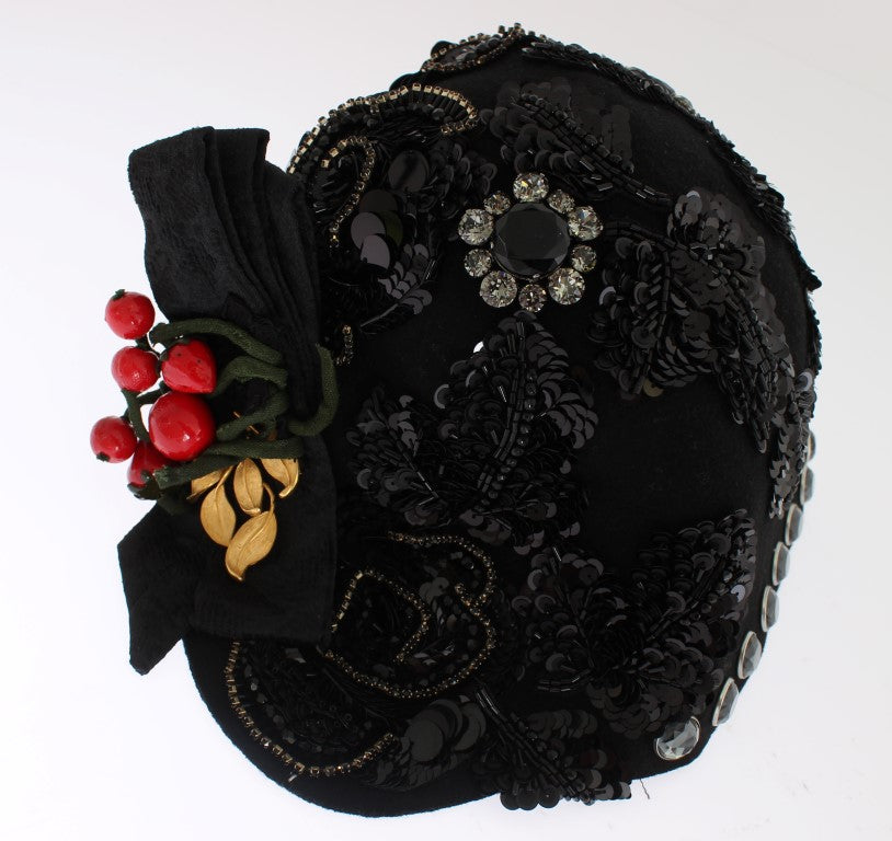 Dolce & Gabbana Black Crystal Gold Cherry Brooch Hat