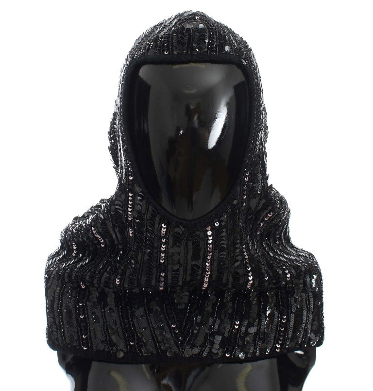 Dolce & Gabbana Black Knitted Sequin Hooded Scarf Hat