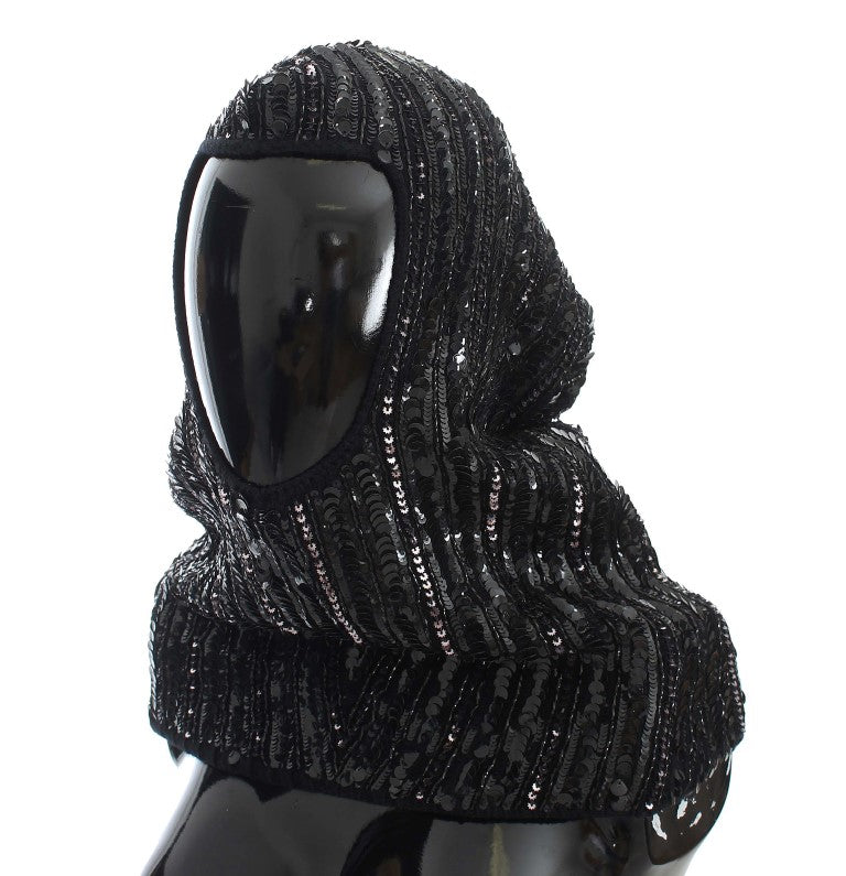Dolce & Gabbana Black Knitted Sequin Hooded Scarf Hat