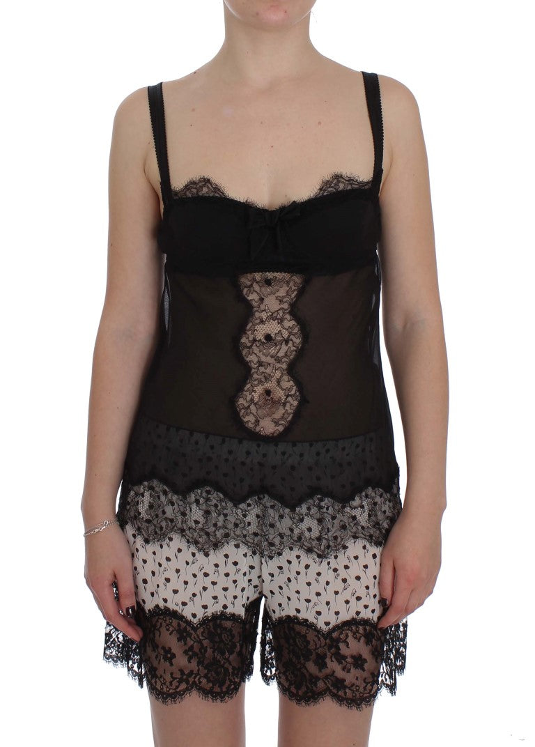 Dolce & Gabbana Black Silk Underwear Top with Floral Lace