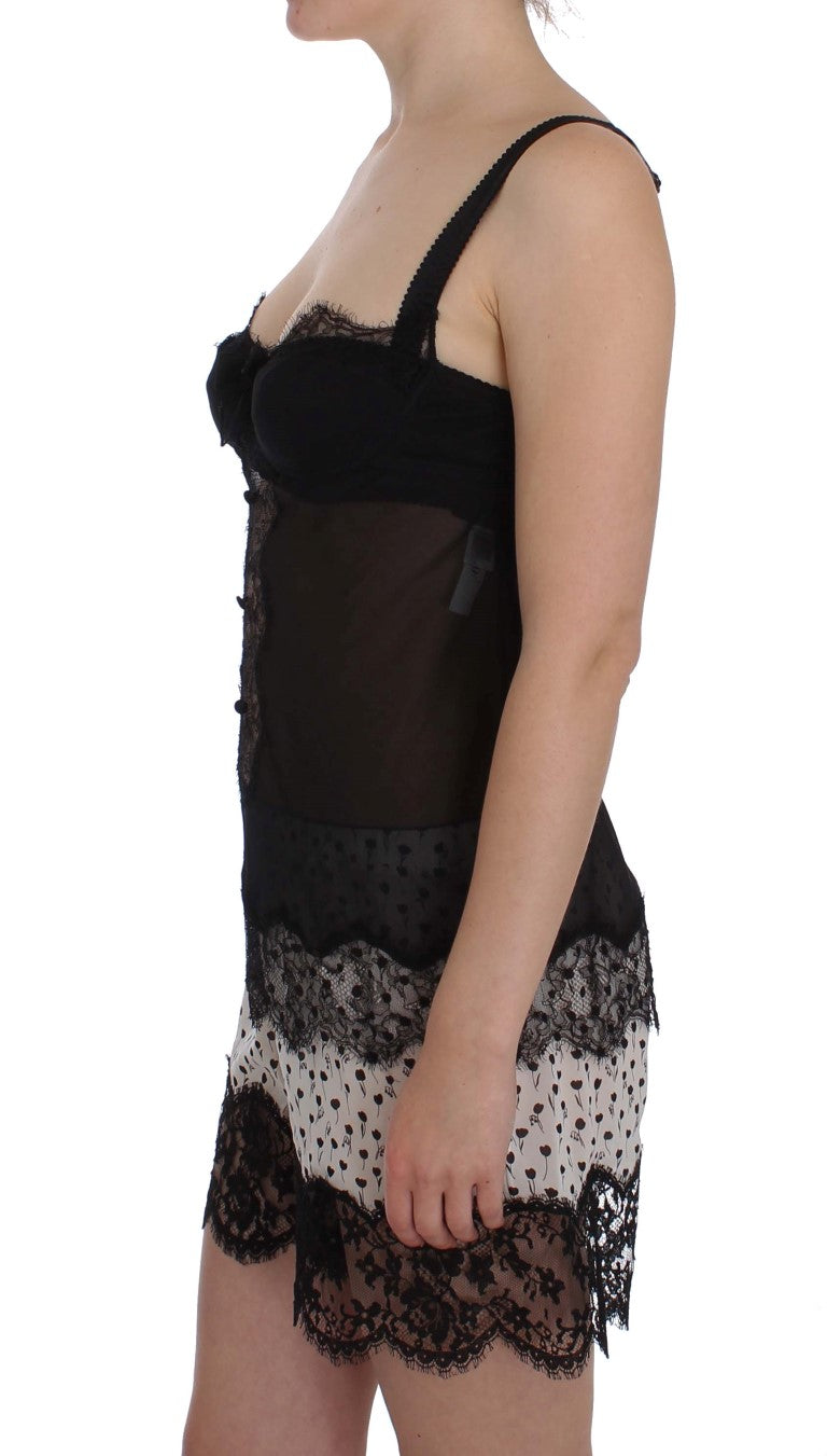 Dolce & Gabbana Black Silk Underwear Top with Floral Lace