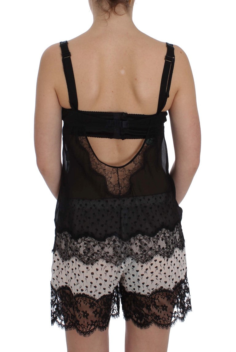 Dolce & Gabbana Black Silk Underwear Top with Floral Lace
