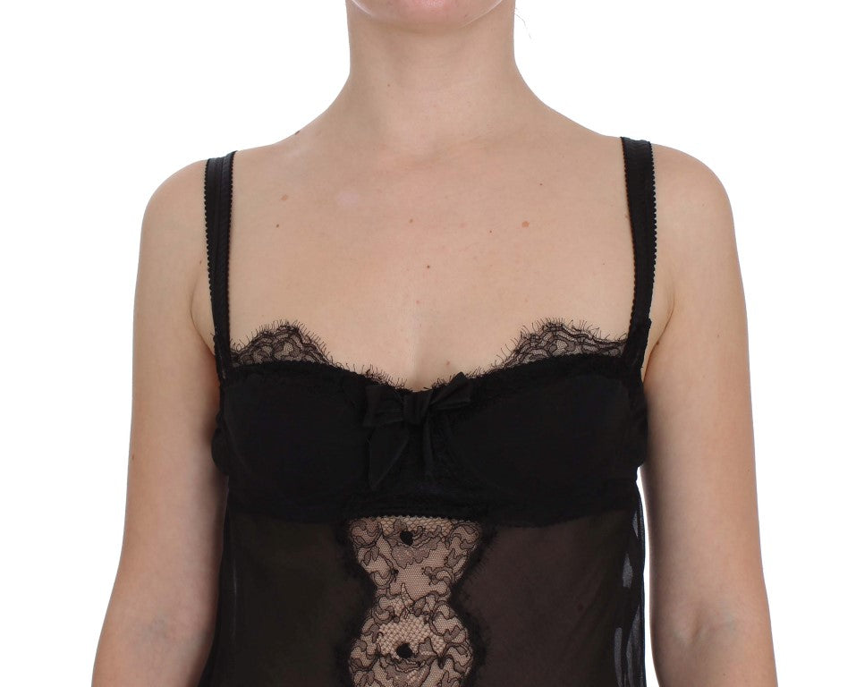 Dolce & Gabbana Black Silk Underwear Top with Floral Lace