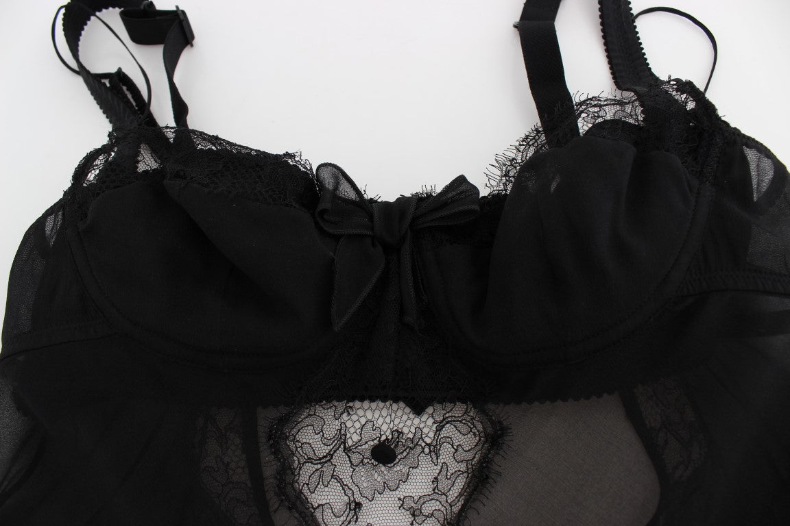 Dolce & Gabbana Black Silk Underwear Top with Floral Lace