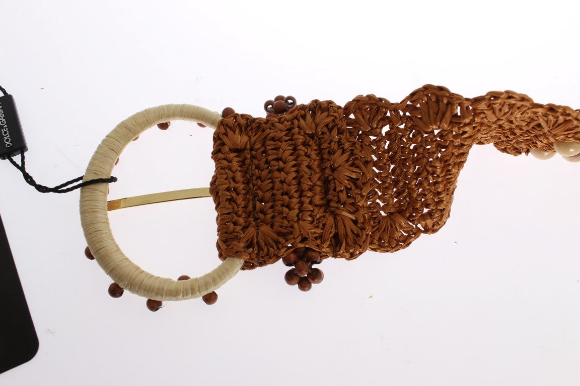 Dolce & Gabbana Brauner Raffia Holz Perlen breiter Taillengürtel