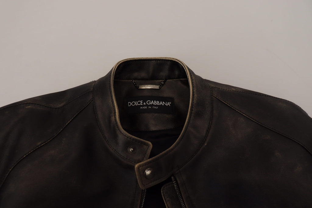 Dolce & Gabbana Black Leather Biker Coat with Zipper Jacket