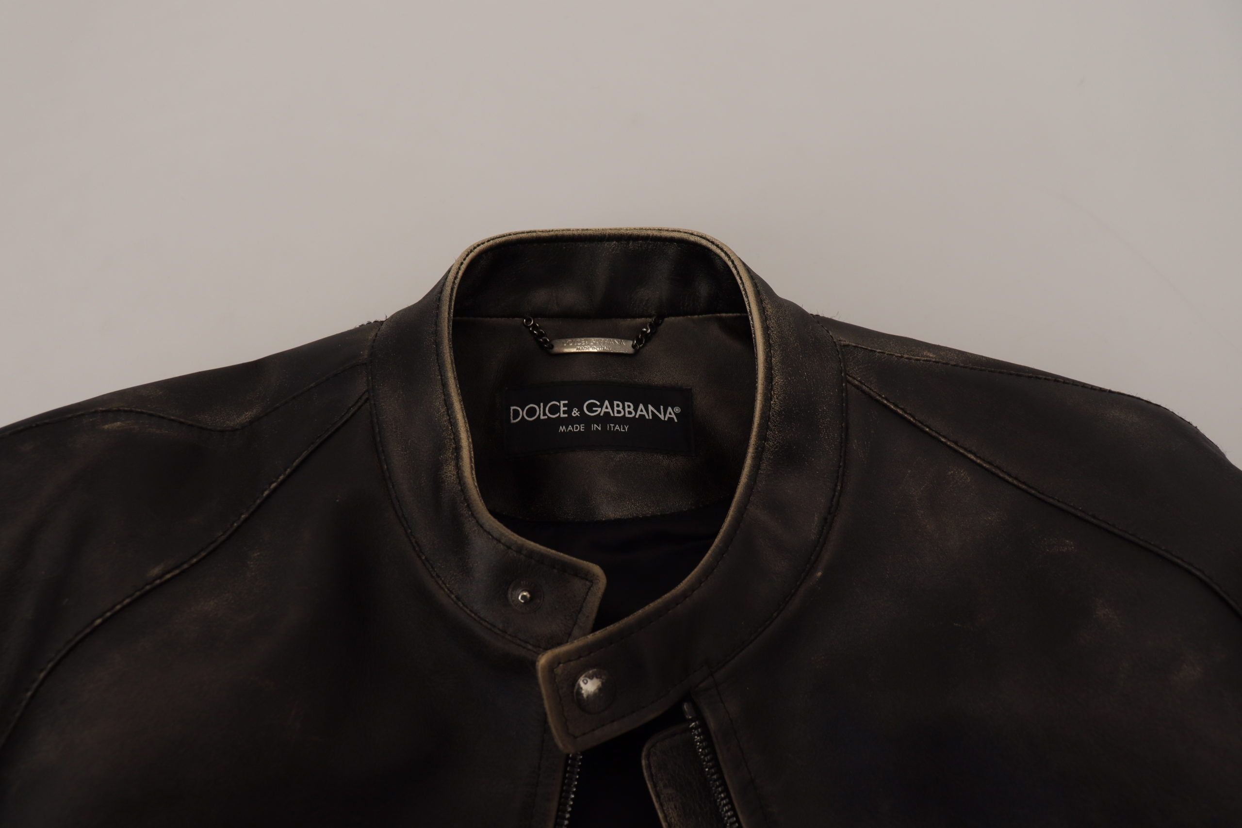 Dolce & Gabbana Black Leather Biker Coat with Zipper Jacket