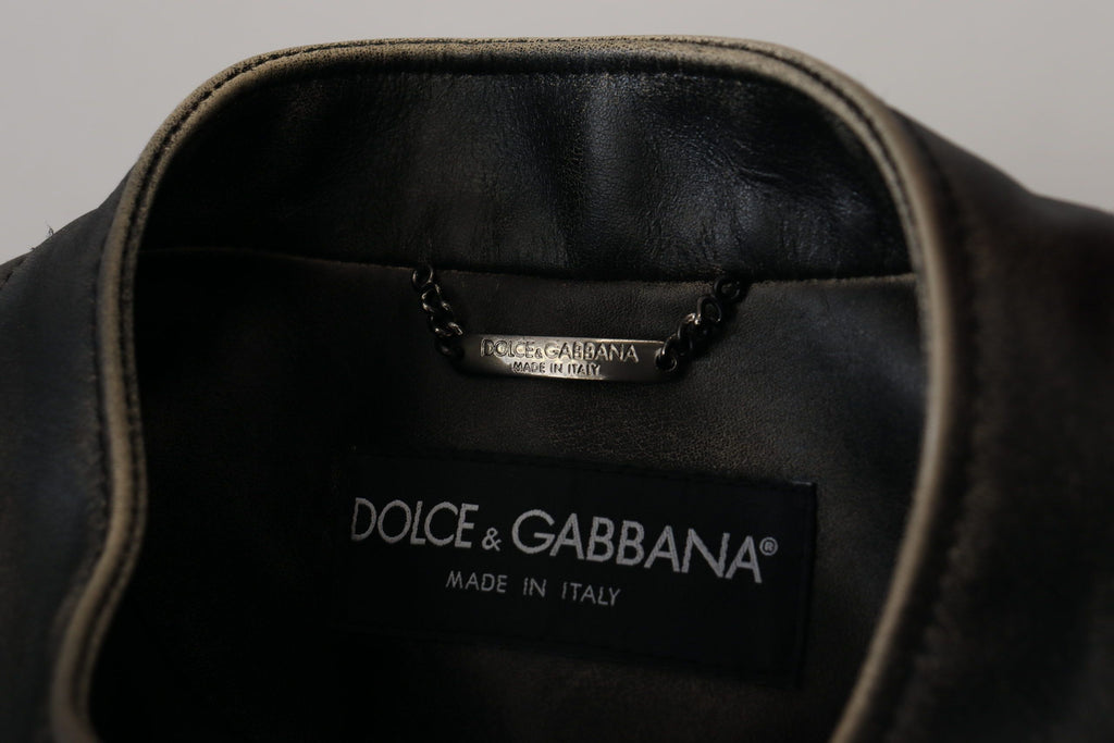 Dolce & Gabbana Black Leather Biker Coat with Zipper Jacket