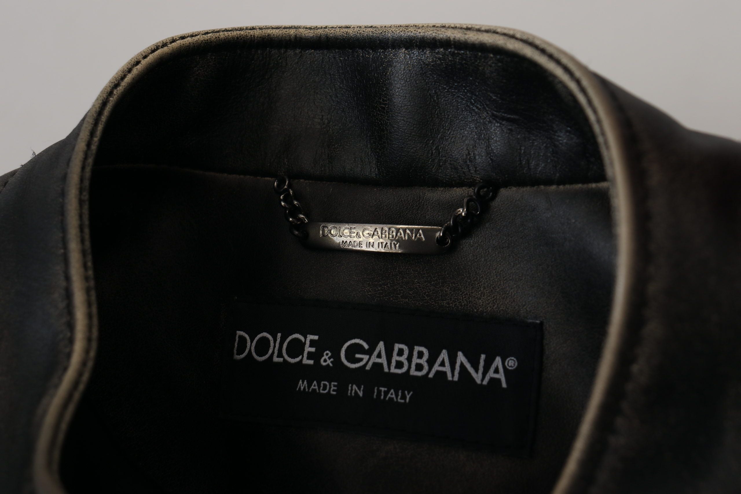 Dolce & Gabbana Black Leather Biker Coat with Zipper Jacket