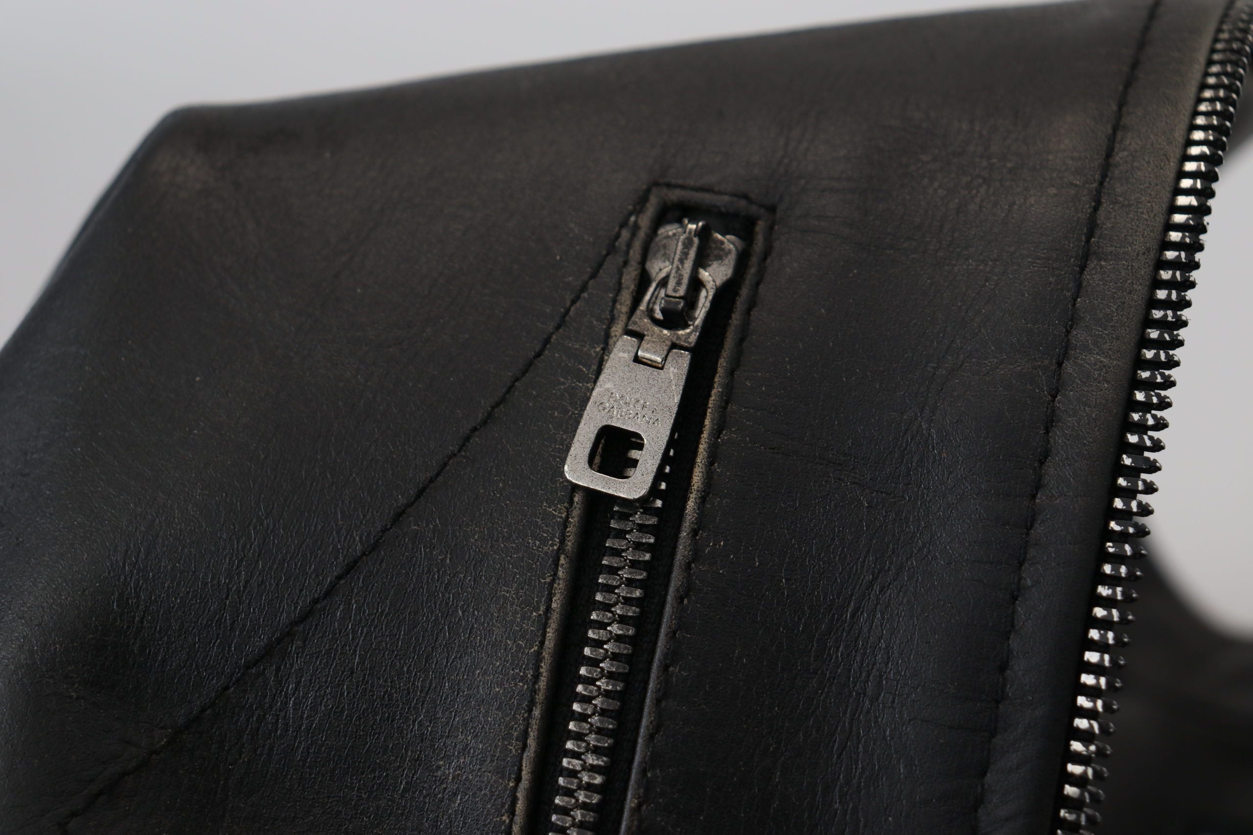 Dolce & Gabbana Schwarzer Leder Bikermantel mit Reißverschluss Jacke
