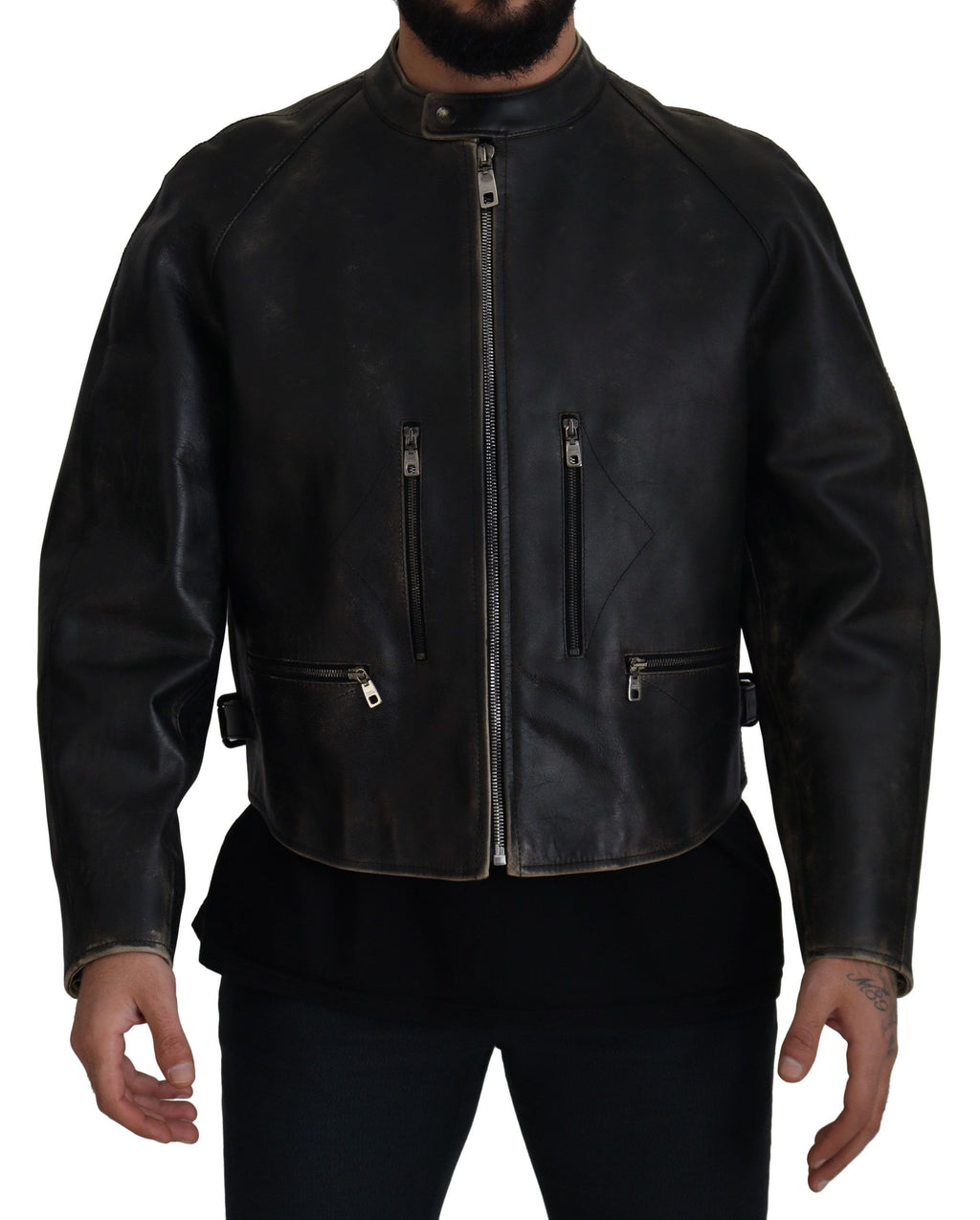 Dolce & Gabbana Black Leather Biker Coat with Zipper Jacket