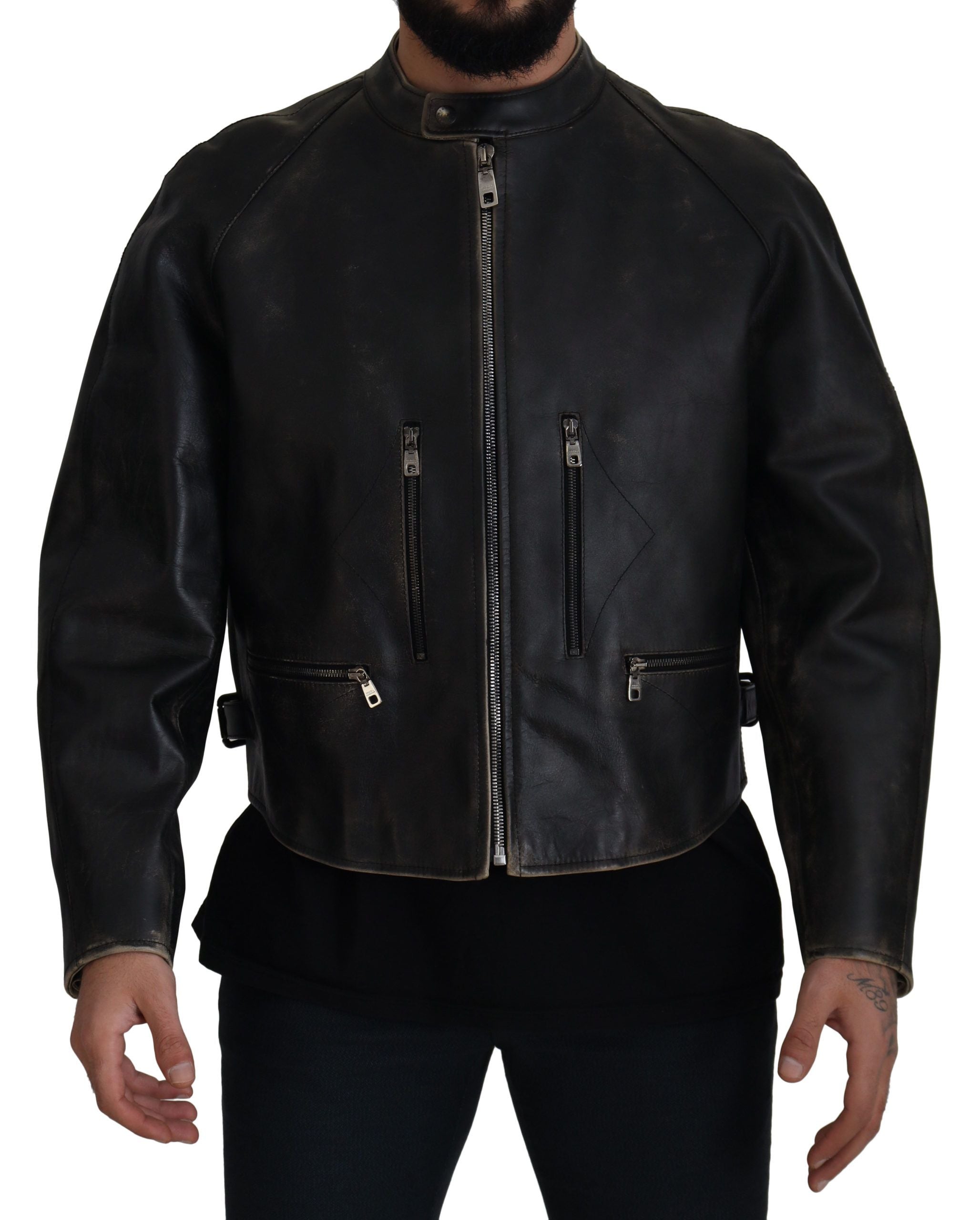 Dolce & Gabbana Black Leather Biker Coat with Zipper Jacket