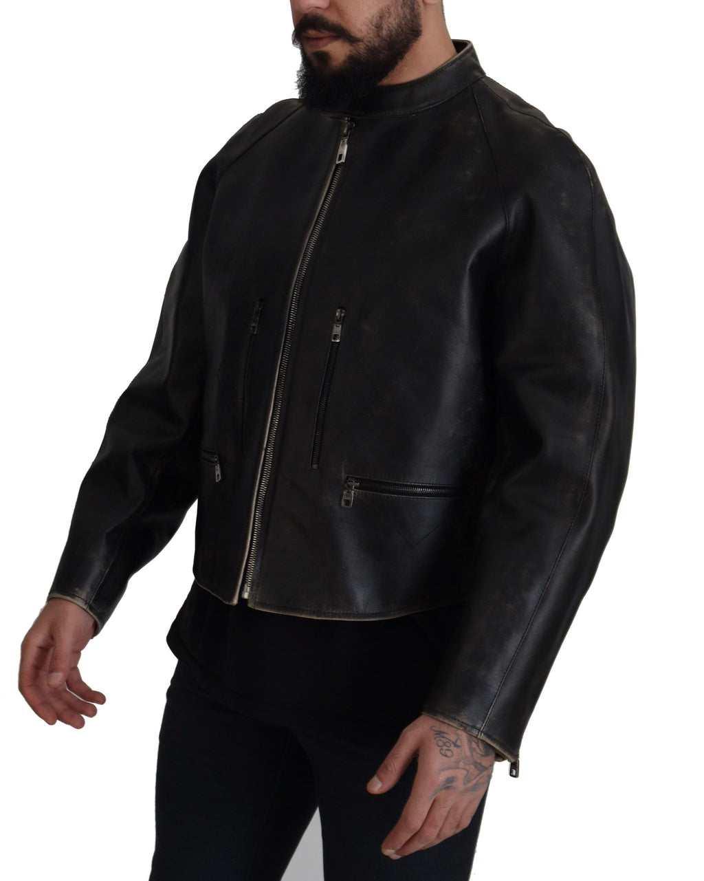 Dolce & Gabbana Black Leather Biker Coat with Zipper Jacket