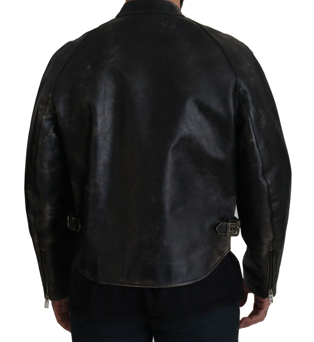Dolce & Gabbana Black Leather Biker Coat with Zipper Jacket