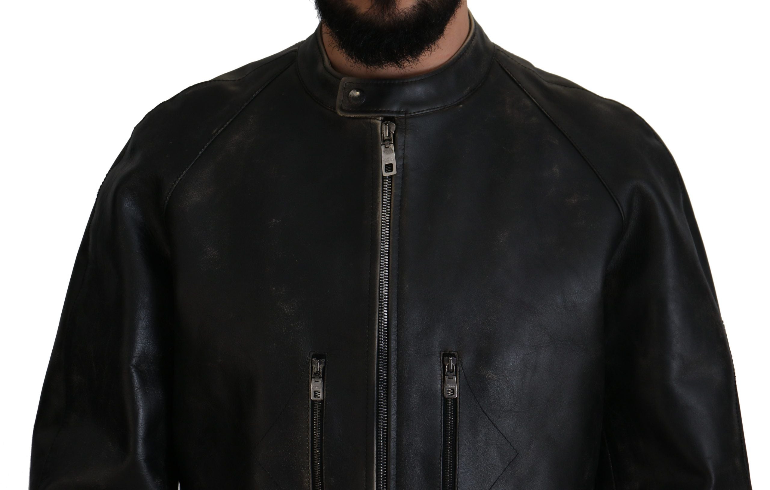 Dolce & Gabbana Black Leather Biker Coat with Zipper Jacket