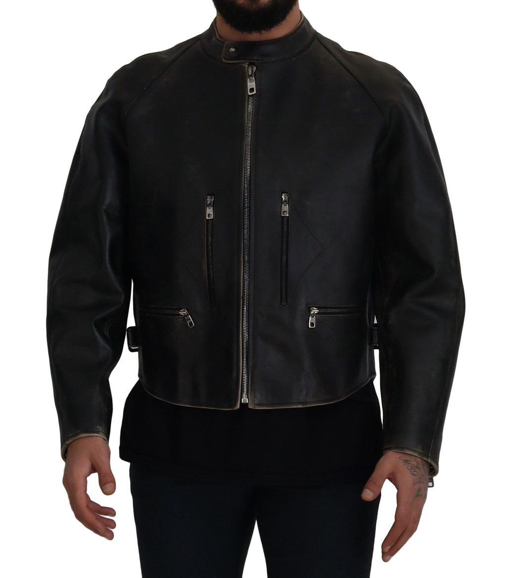 Dolce & Gabbana Black Leather Biker Coat with Zipper Jacket
