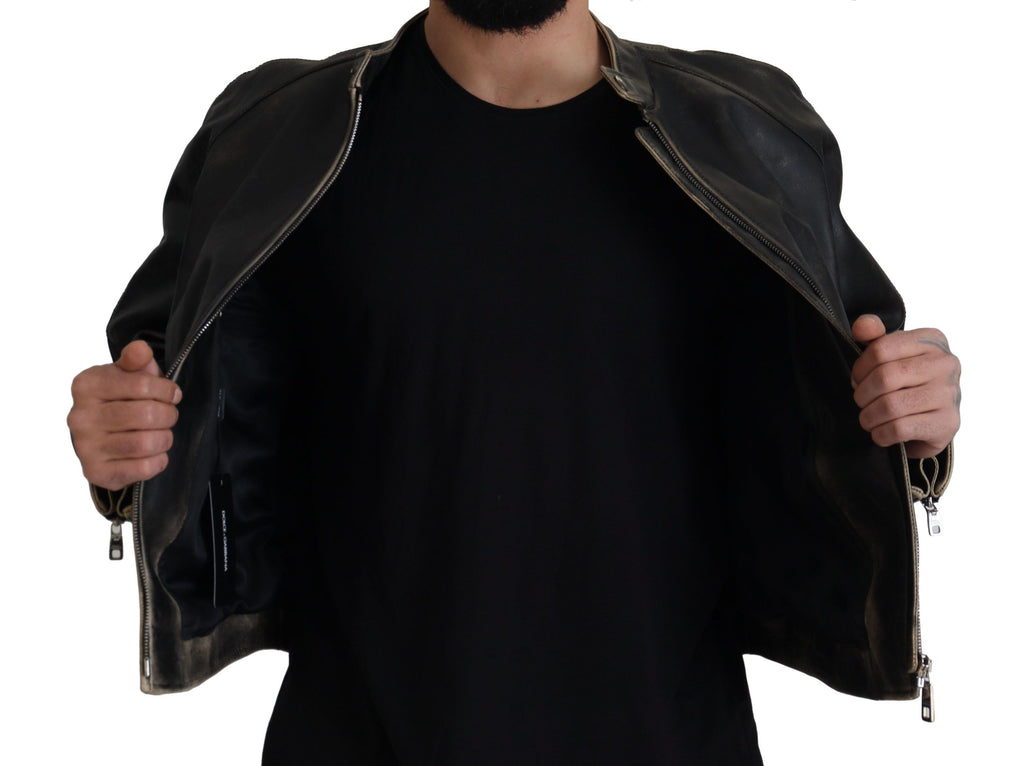 Dolce & Gabbana Black Leather Biker Coat with Zipper Jacket