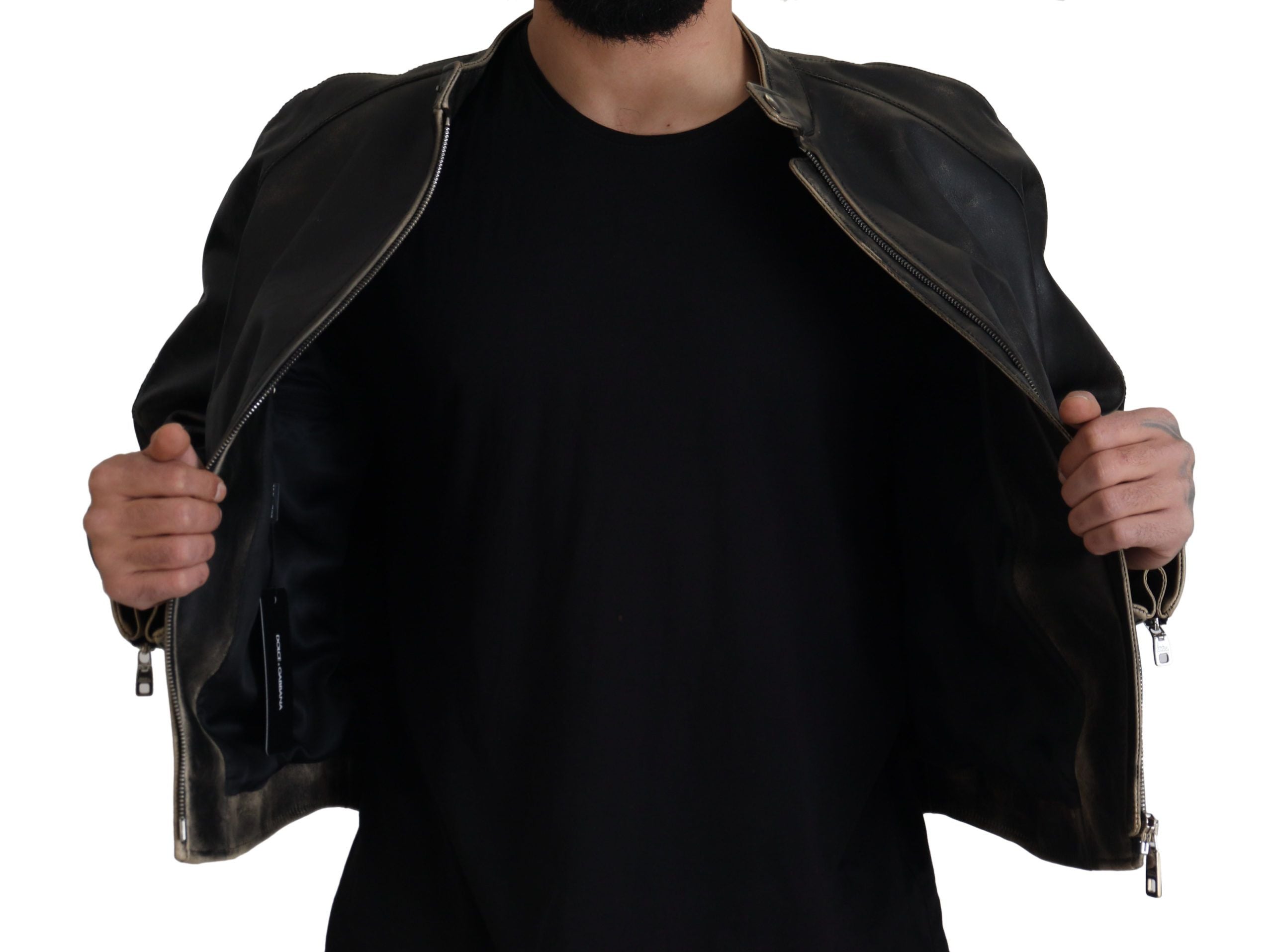 Dolce & Gabbana Black Leather Biker Coat with Zipper Jacket