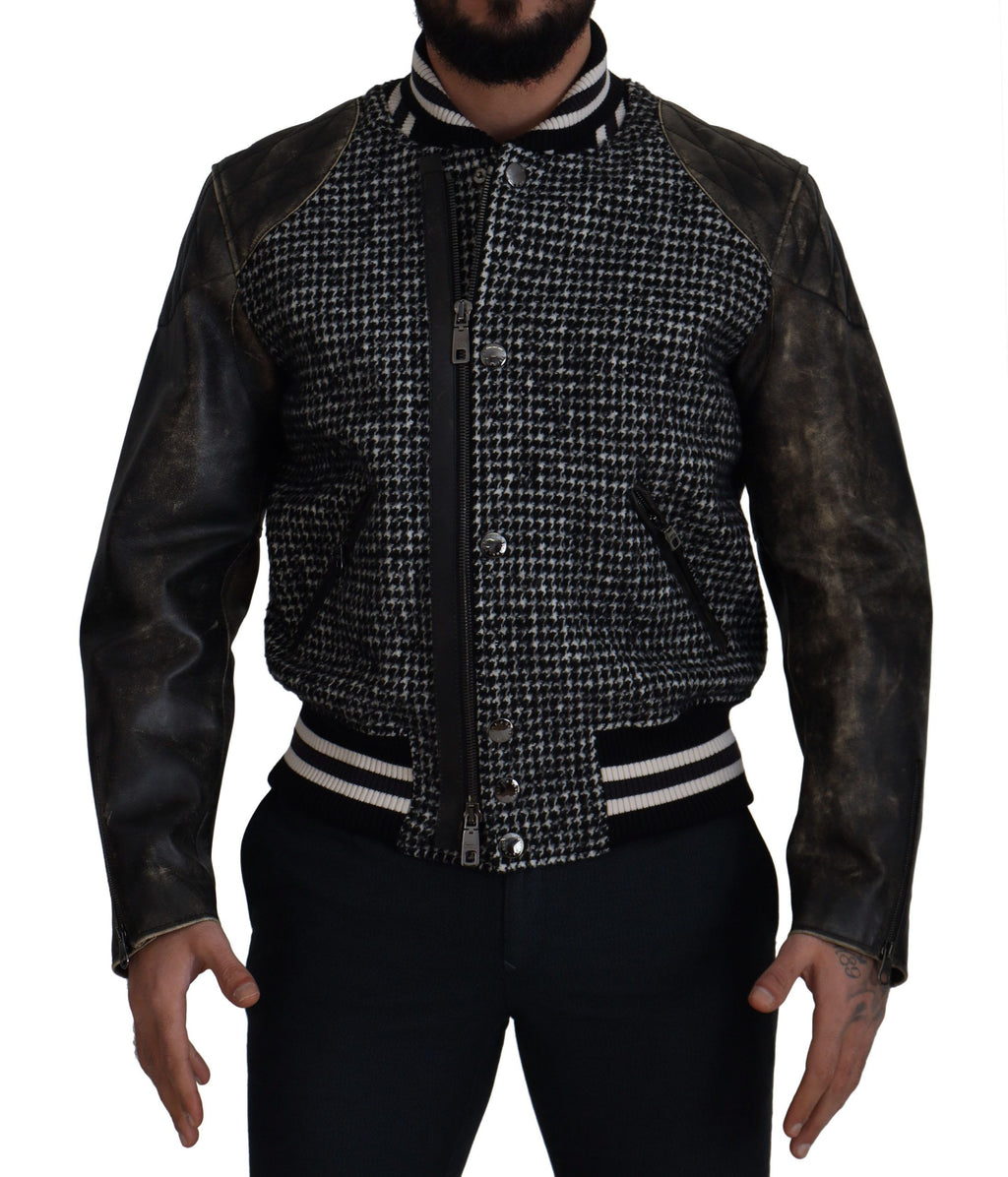 Dolce & Gabbana Black Polyester Houndstooth Bomber Jacket