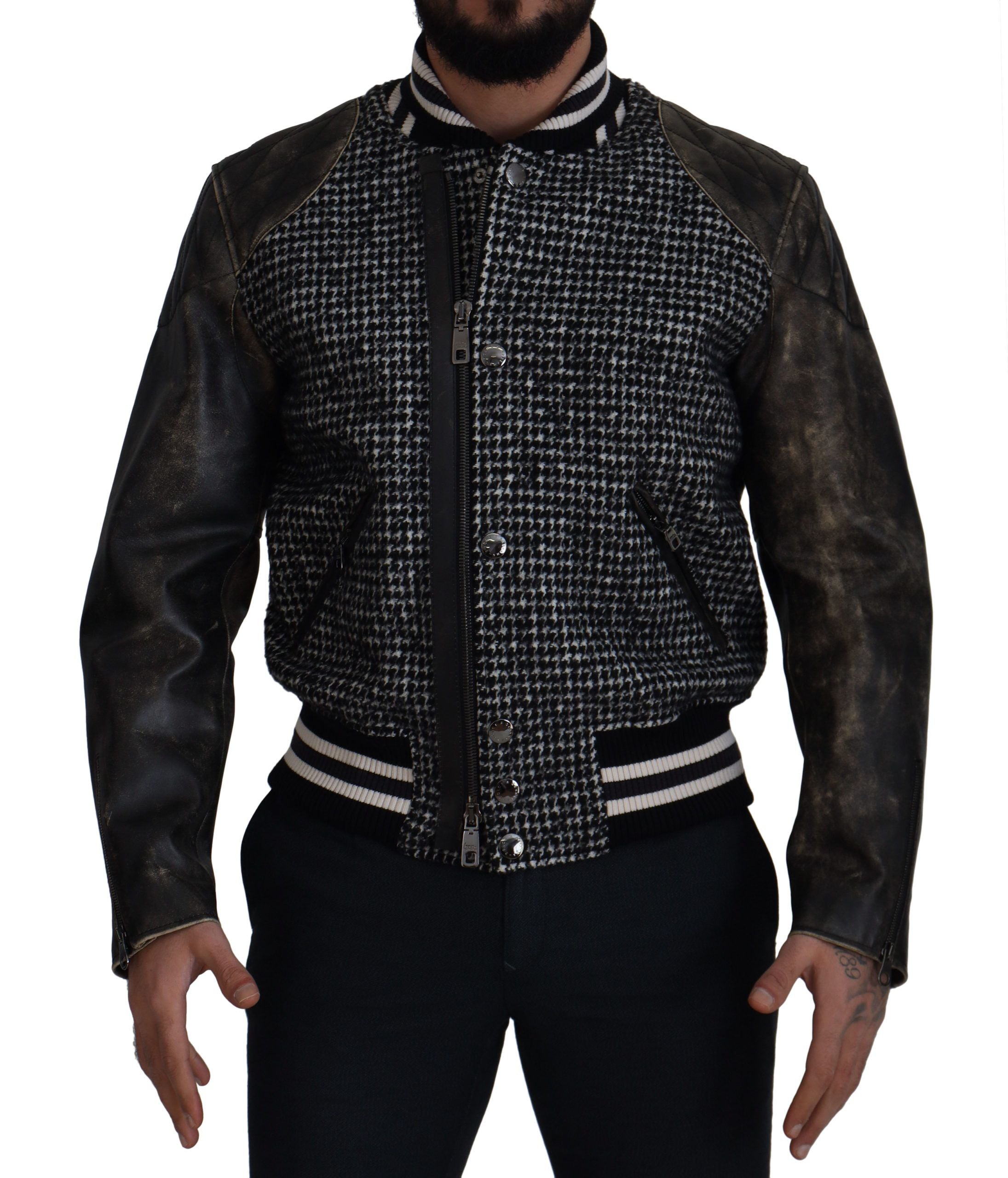Dolce & Gabbana Black Polyester Houndstooth Bomber Jacket