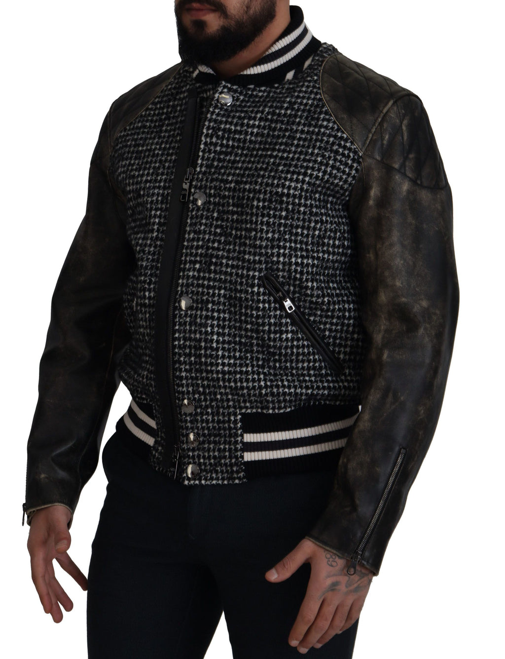 Dolce & Gabbana Black Polyester Houndstooth Bomber Jacket
