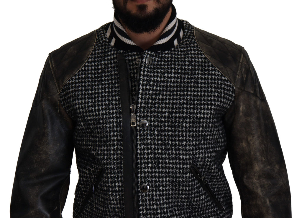 Dolce & Gabbana Black Polyester Houndstooth Bomber Jacket