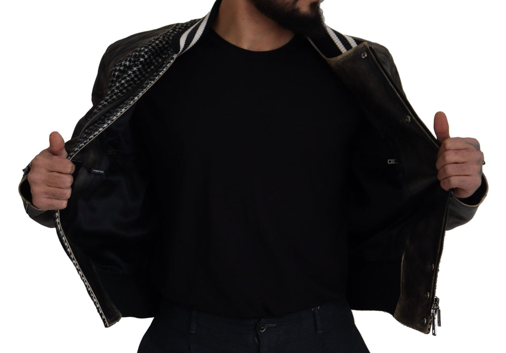 Dolce & Gabbana Black Polyester Houndstooth Bomber Jacket