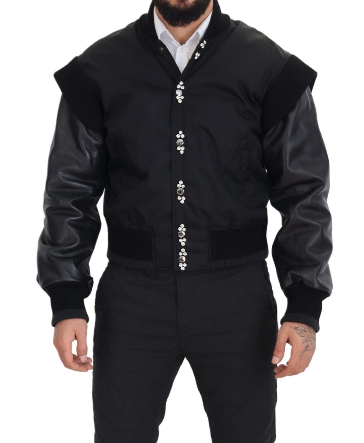 Dolce & Gabbana Black Nylon Crystal Coat Buttons Jacket