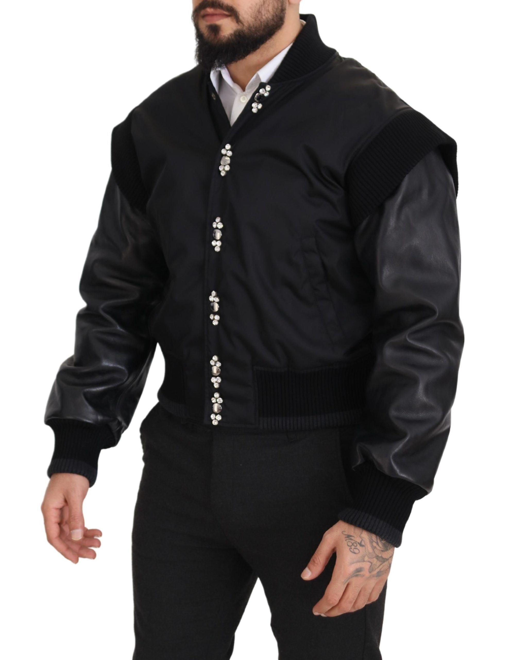 Dolce & Gabbana Schwarzes Nylon Kristalle Mantel Knöpfe Jacke