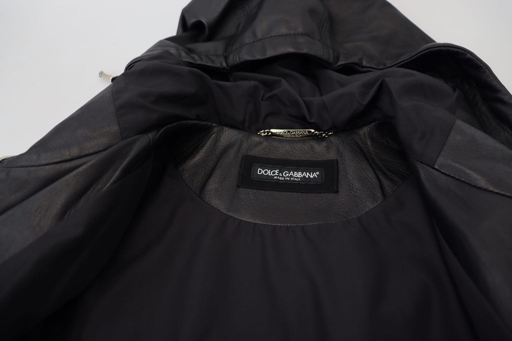 Dolce & Gabbana Black Leather Hooded Blouson Coat Jacket