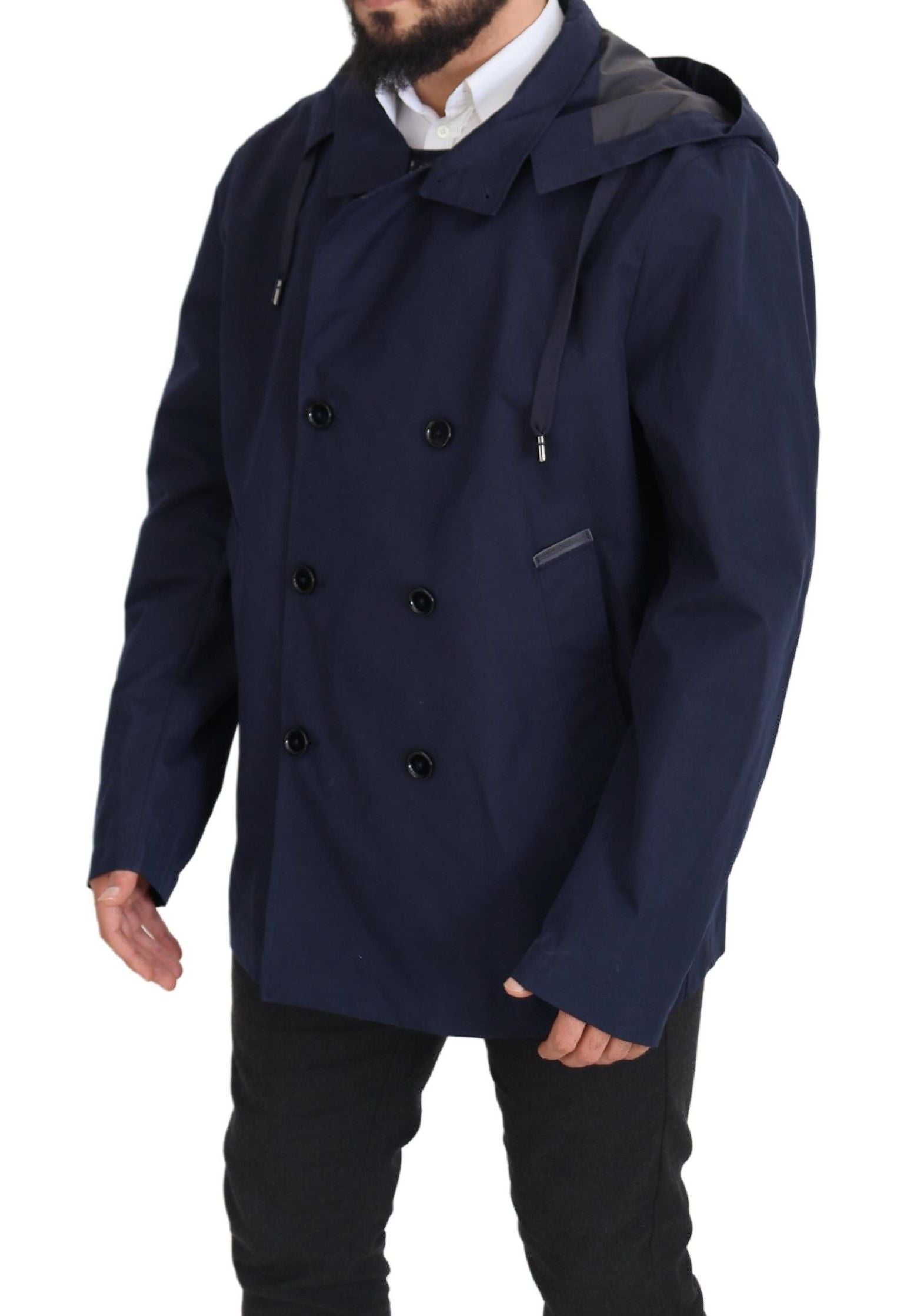 Dolce & Gabbana Blue Double-Breasted Hooded Coat Jacket
