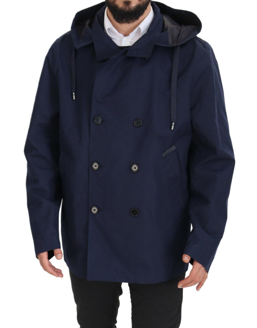 Dolce & Gabbana Blue Double-Breasted Hooded Coat Jacket