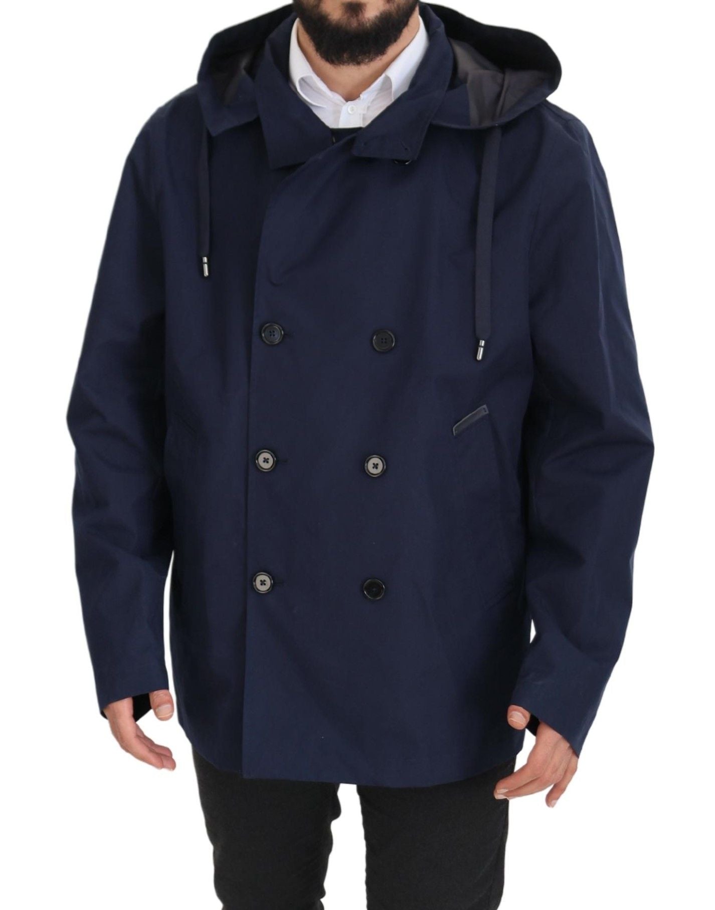 Dolce & Gabbana Blue Double-Breasted Hooded Coat Jacket