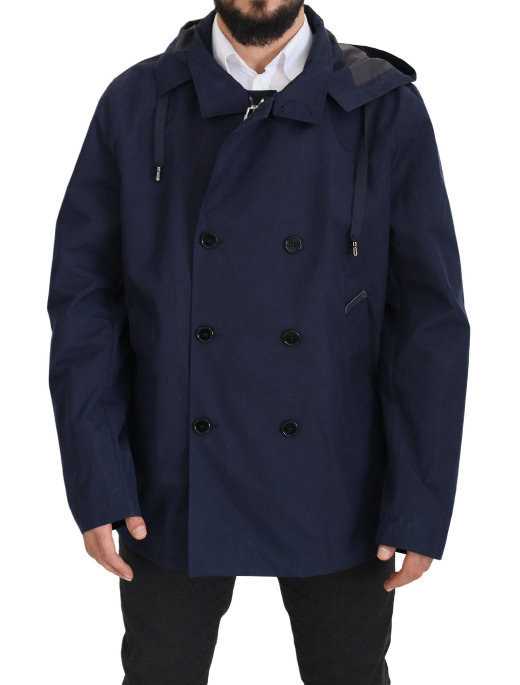 Dolce & Gabbana Blue Double-Breasted Hooded Coat Jacket