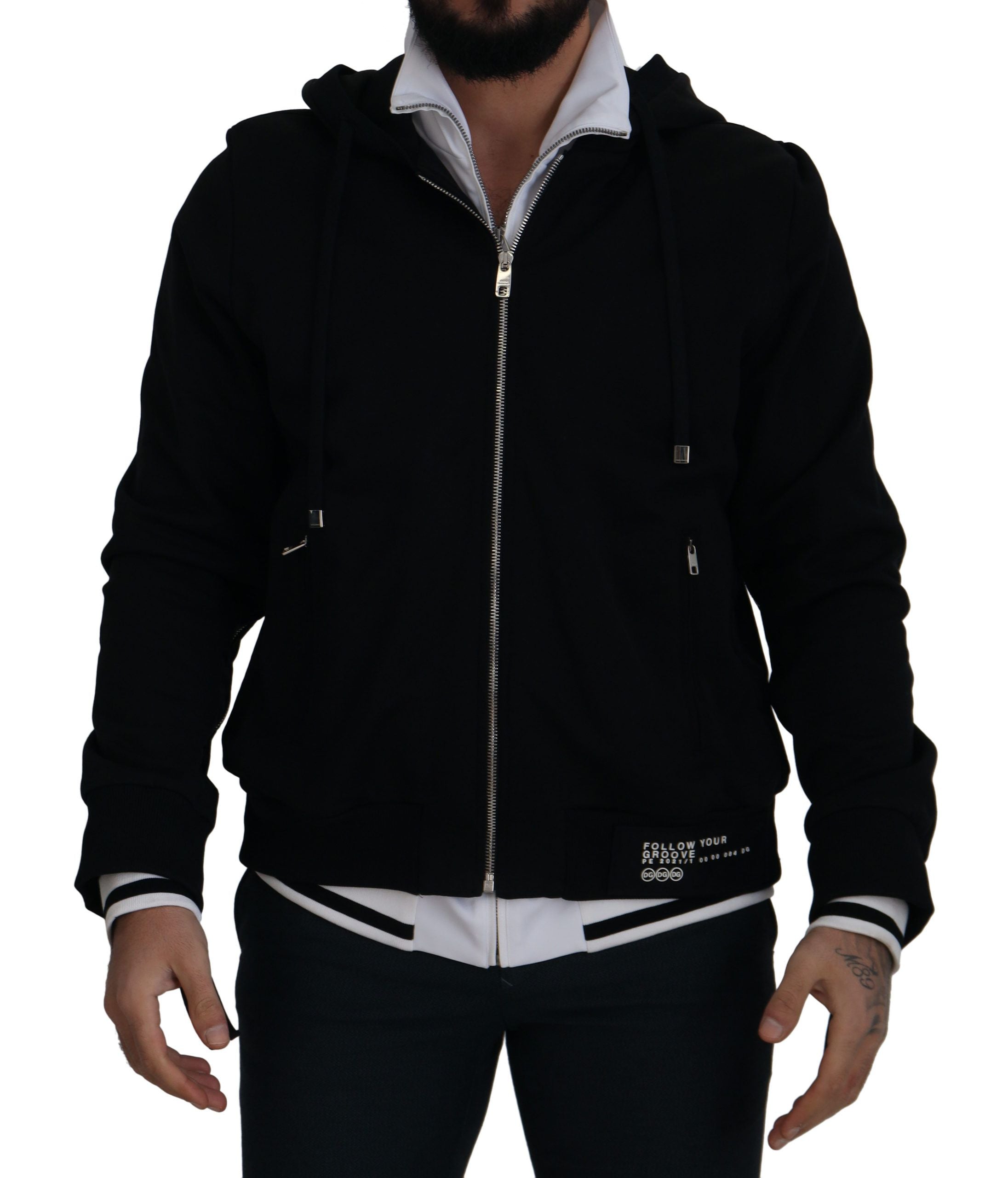 Dolce & Gabbana Black Polyester Hooded Zip-Up Jacket