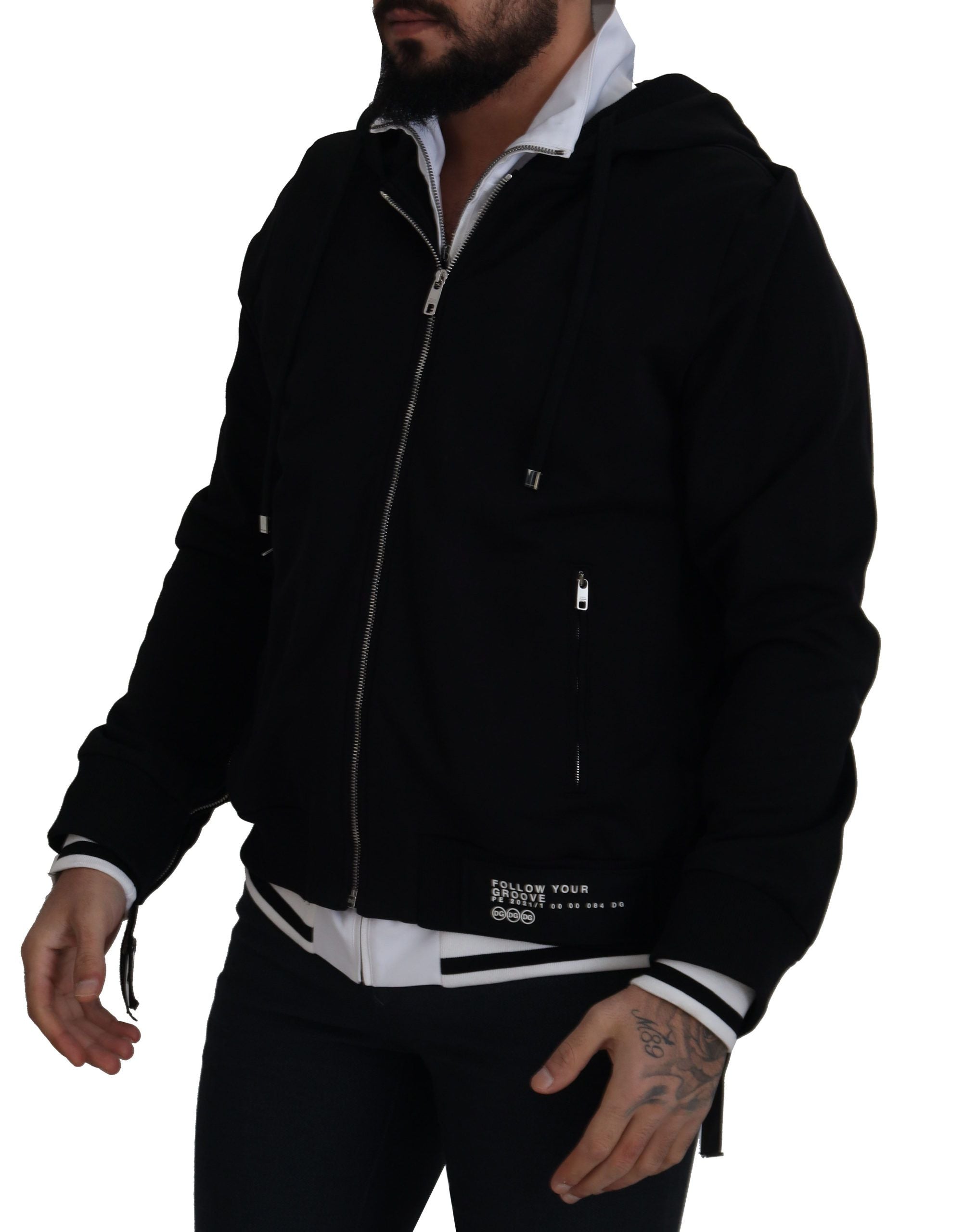 Dolce & Gabbana Black Polyester Hooded Zip-Up Jacket