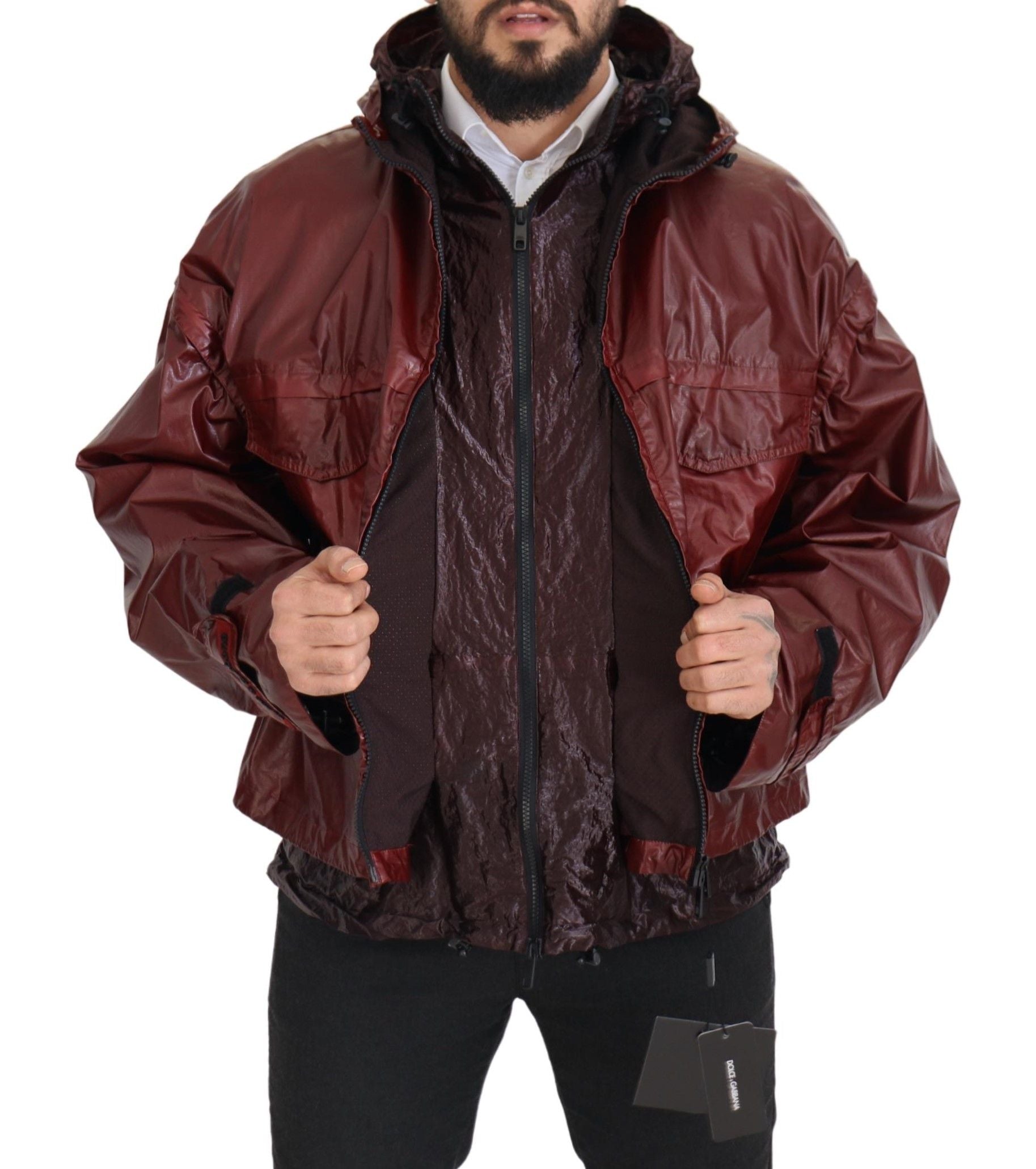 Dolce & Gabbana Bordeauxfarbene Baumwolljacke mit Kapuze und Reißverschluss