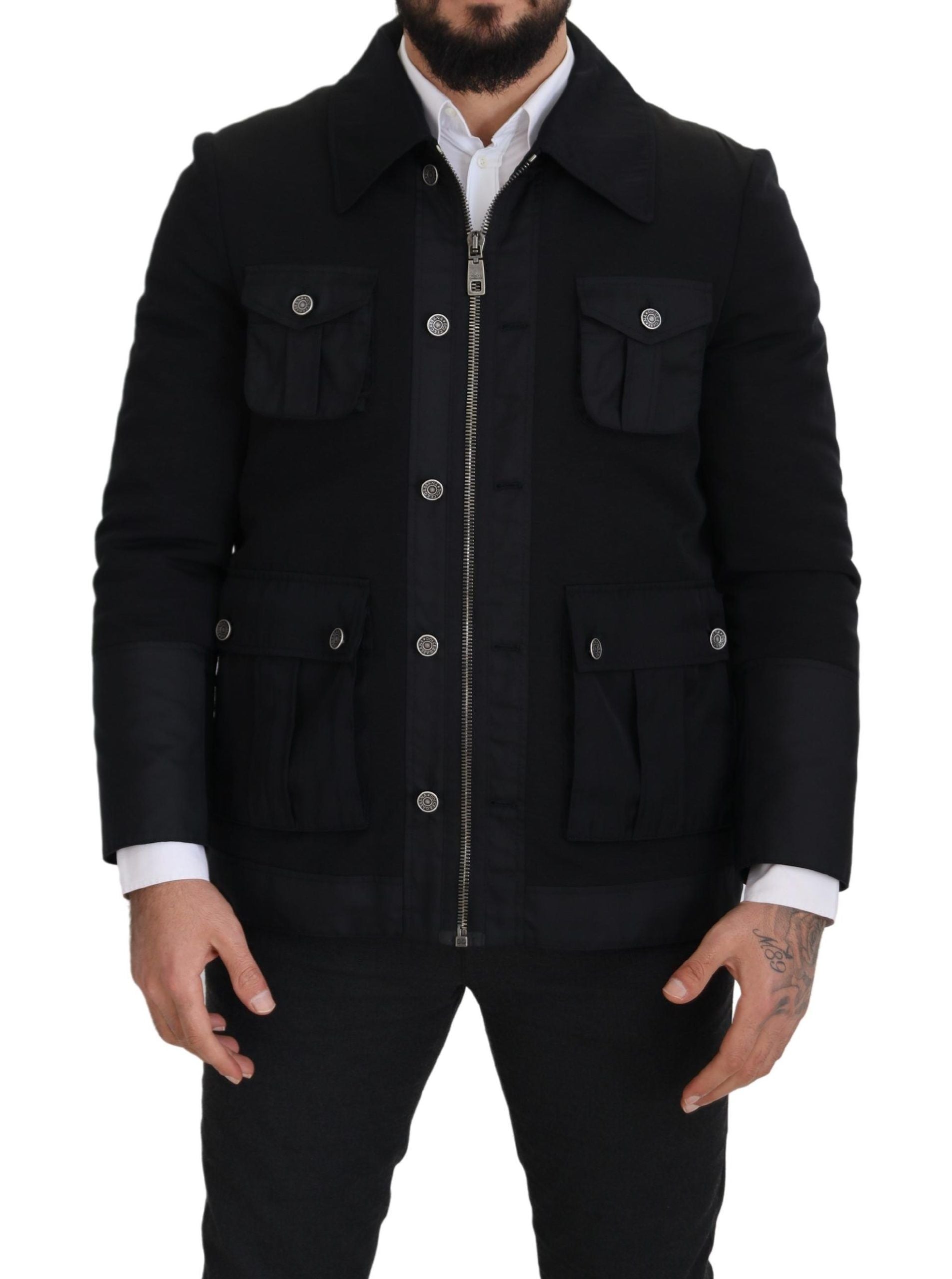 Dolce & Gabbana Schwarze Jacke mit durchgehendem Reißverschluss und Kragen aus Wolle