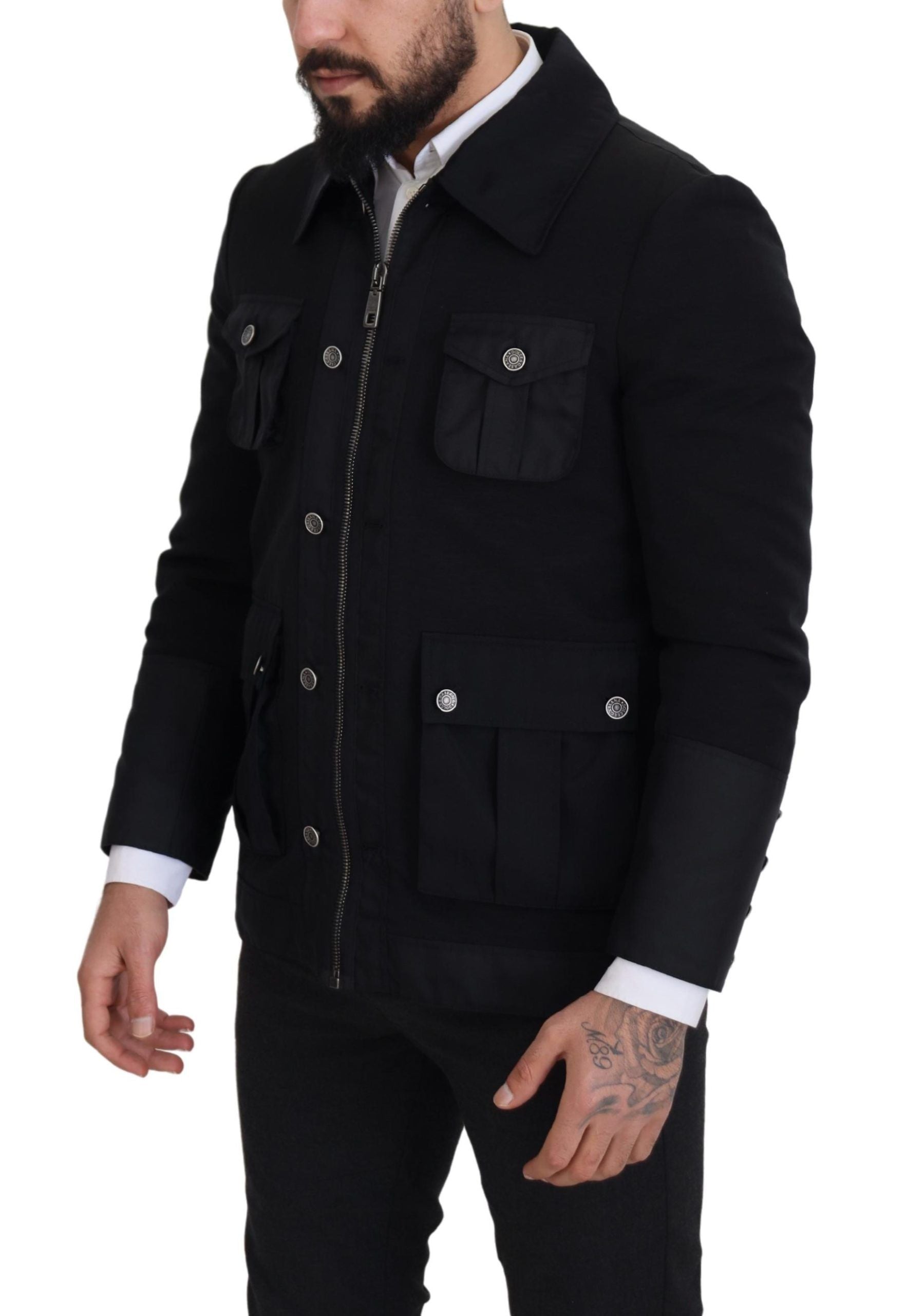 Dolce & Gabbana Schwarze Jacke mit durchgehendem Reißverschluss und Kragen aus Wolle