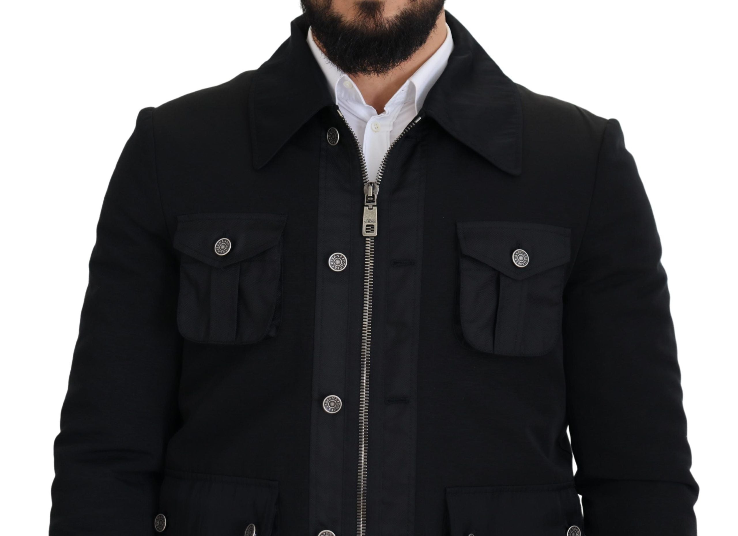 Dolce & Gabbana Schwarze Jacke mit durchgehendem Reißverschluss und Kragen aus Wolle