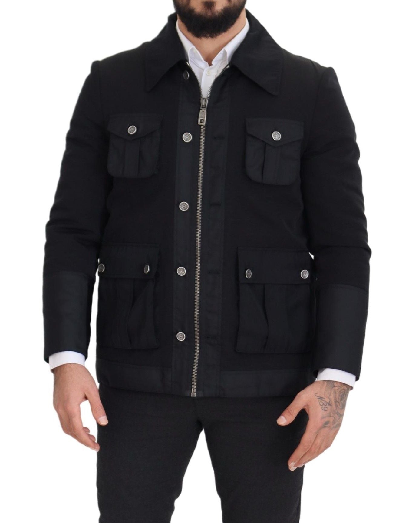 Dolce & Gabbana Schwarze Jacke mit durchgehendem Reißverschluss und Kragen aus Wolle