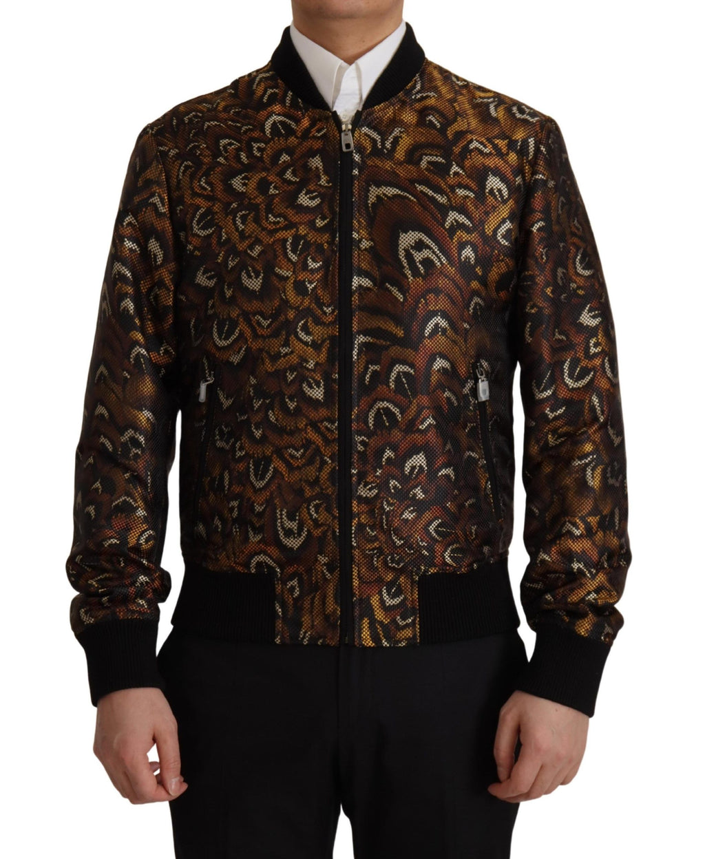 Dolce & Gabbana Brown Feather Full-Zip Blouson Jacket