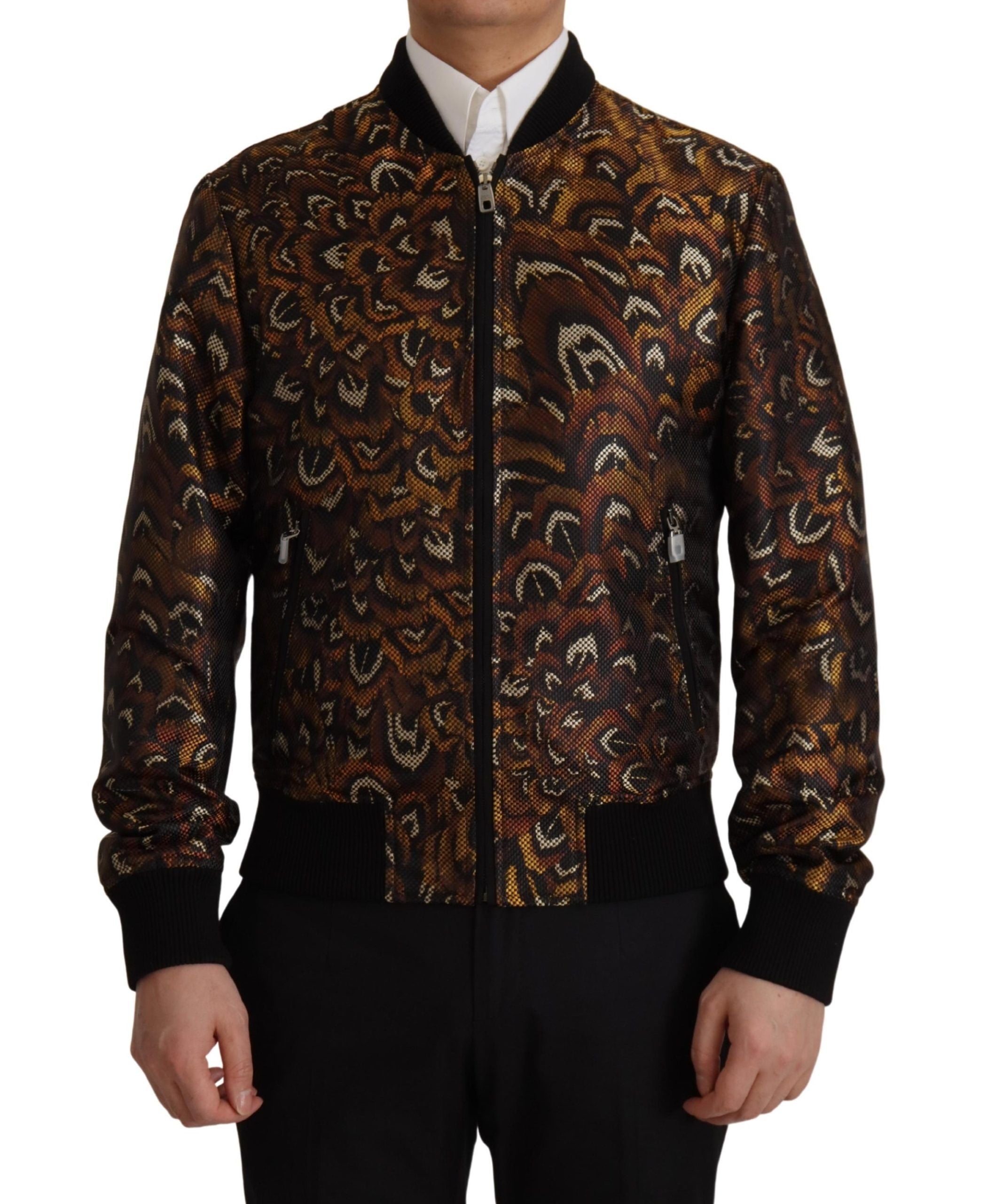 Dolce & Gabbana Brown Feather Full-Zip Blouson Jacket